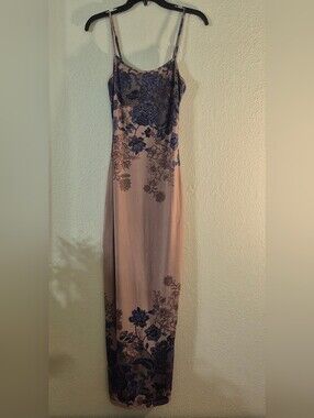 Justify Beige Maxi Slip Dress with Blue Floral Design